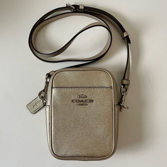 RARE Coach Phoebe Metallic Crossbody Mini Bag Crossgrain Gold Leather # F87692 - Picture 2 of 11